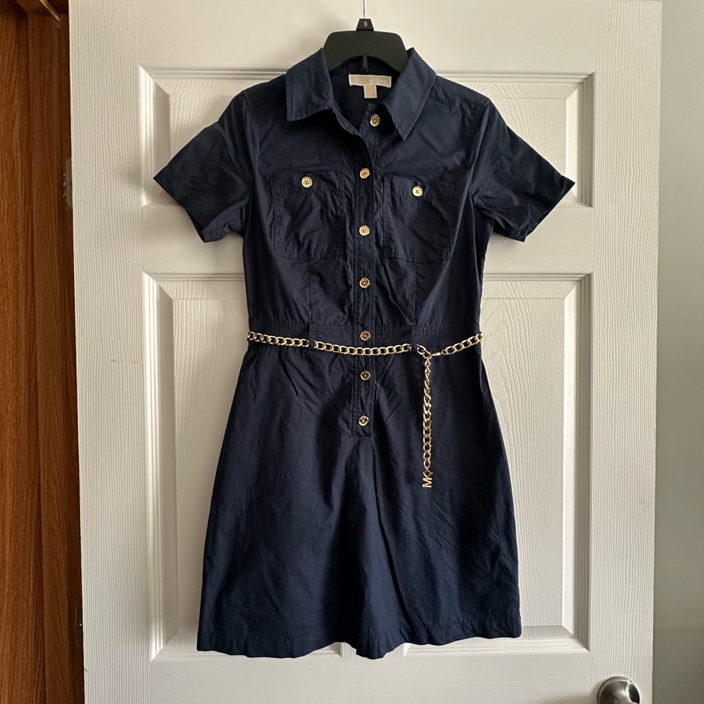 Michael Kors Navy Blue Shirt Dress with Chain Belt